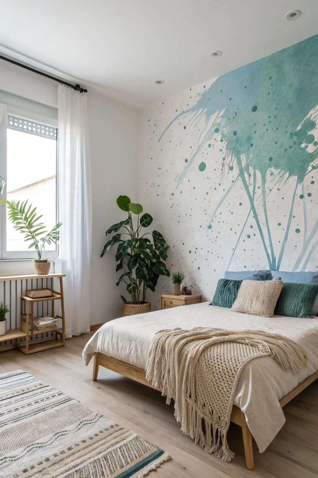 Transform your bedroom into an abstract sanctuary with soothing splatter patterns.