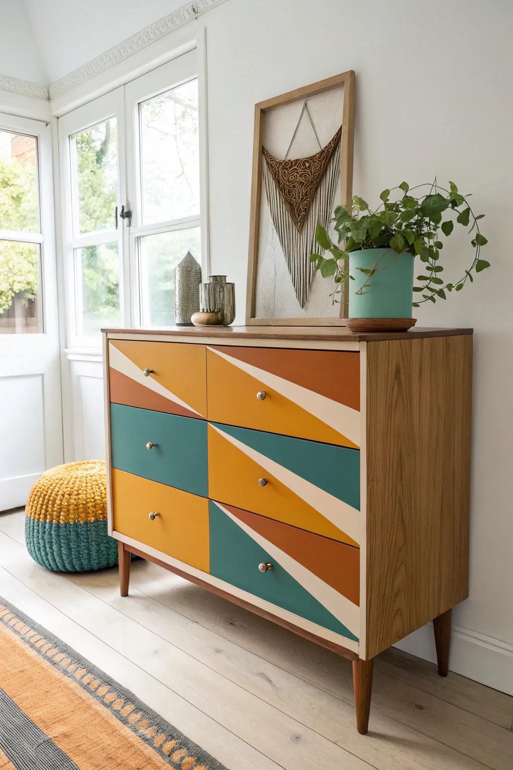 Transform your space with a retro twist: this painted dresser combines vintage charm with modern minimalism.