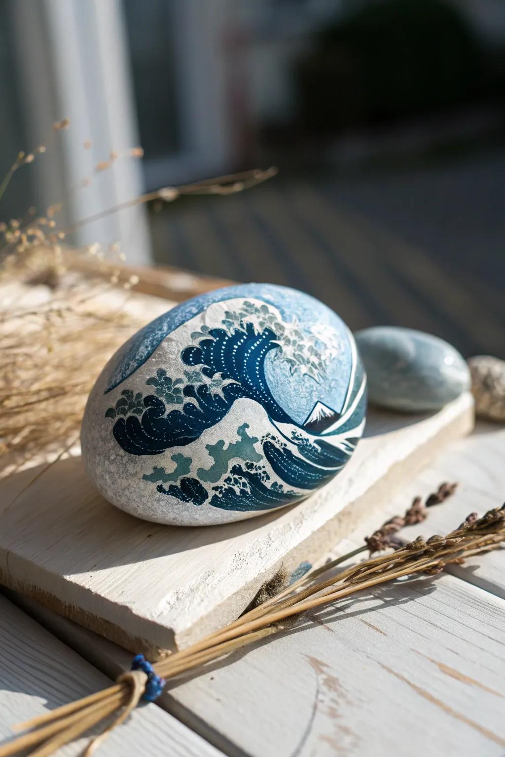 Capture the serenity of the sea with this beautifully crafted ocean wave painted rock.