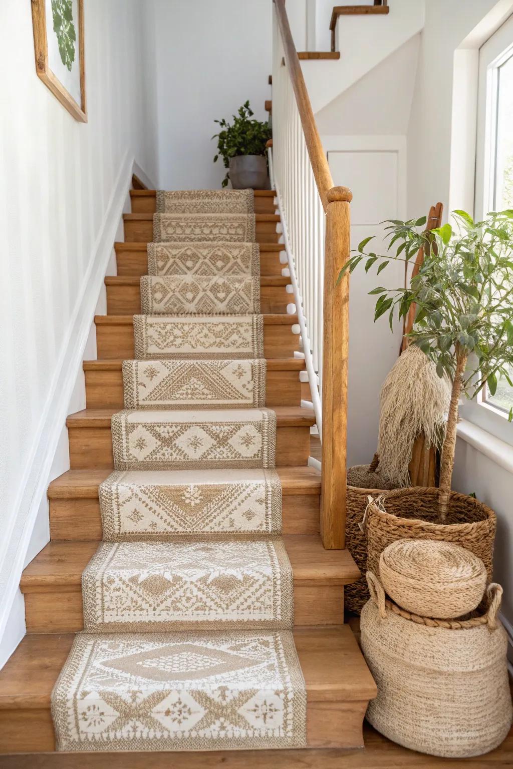 Elevate your staircase with a chic faux runner that combines simplicity and style seamlessly.