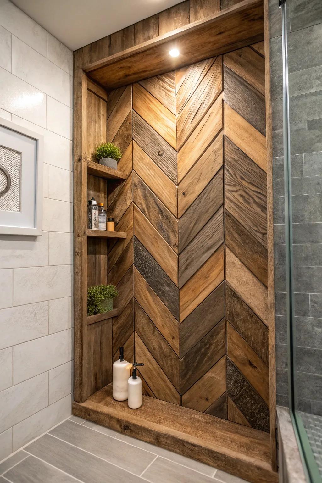 Elevate your shower space with a rustic twist using pallet plank accents. #BathroomInspo #RusticElegance
