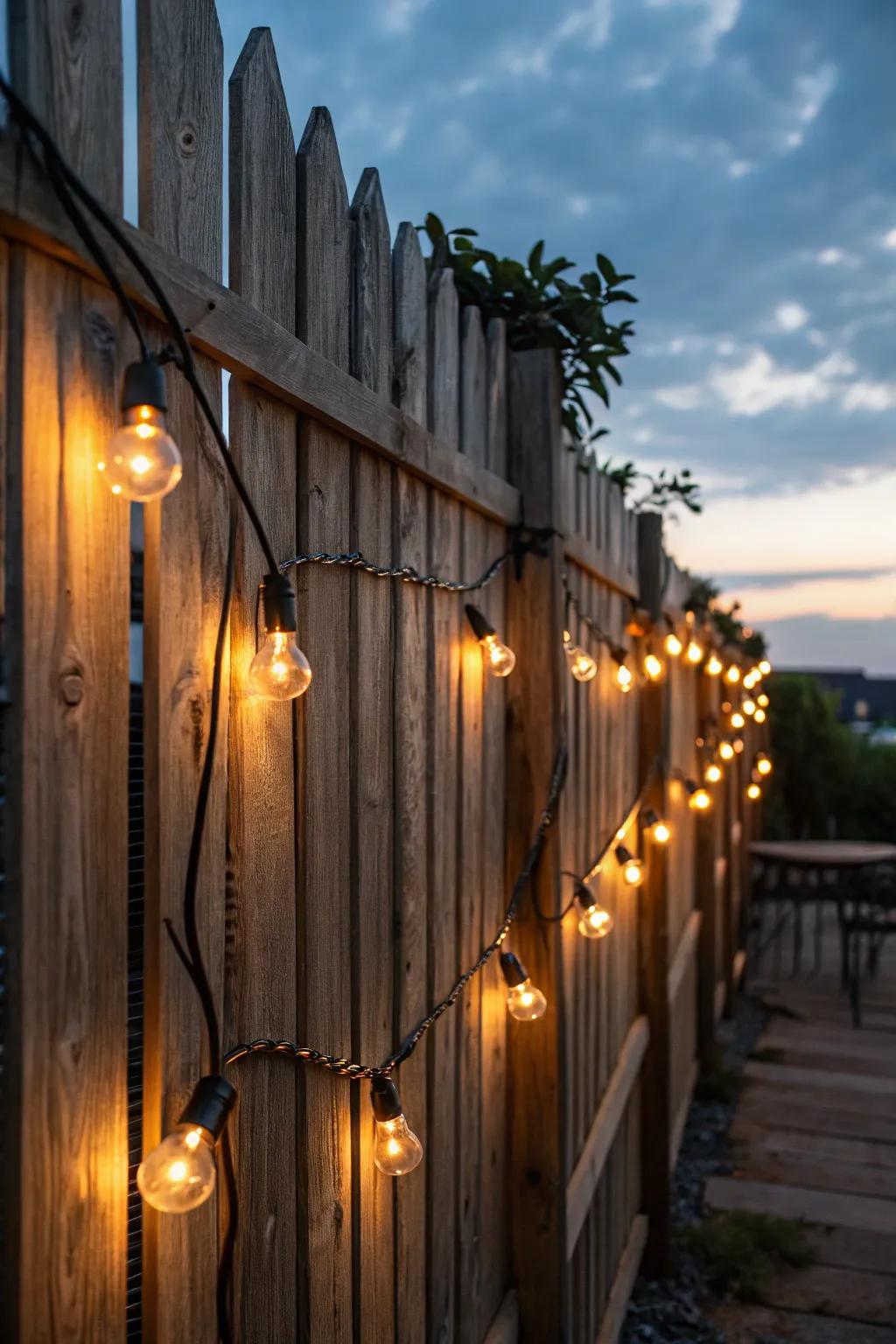 Illuminate your evenings with the enchanting glow of string lights on a rustic pallet fence. #OutdoorCharm #RusticElegance