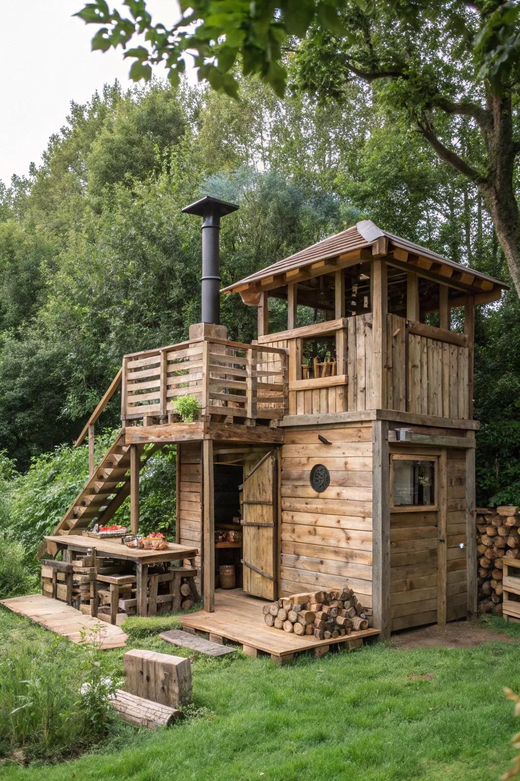 Escape to your own rustic hideaway with this pallet-built cabin fort, where nature meets craftsmanship.
