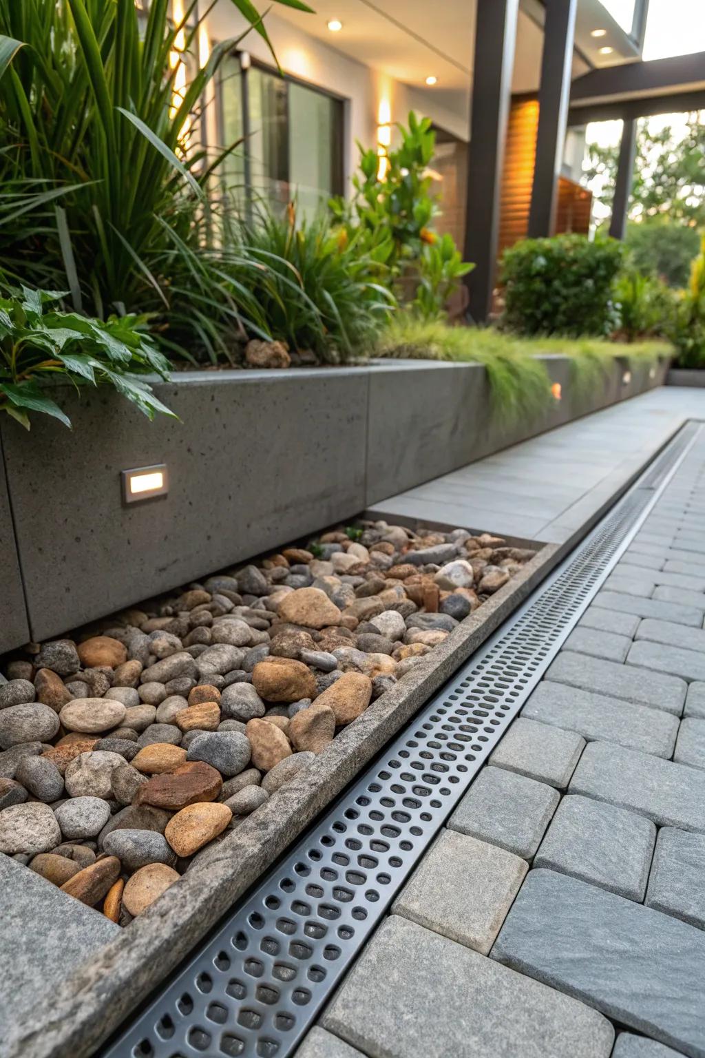 Effortless style meets smart engineering: A French drain that enhances your patio's elegance.