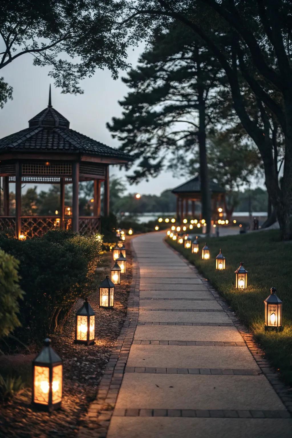 Lanterns create a warm and inviting pathway to the pavilion.