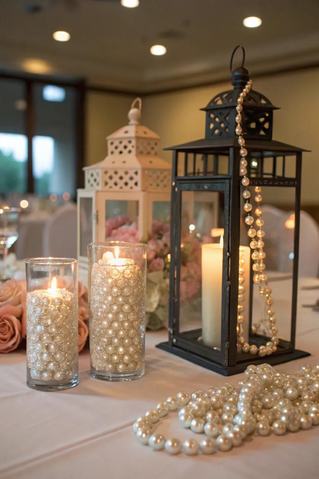 Create enchanting scenes with pearls in lanterns and glassware.