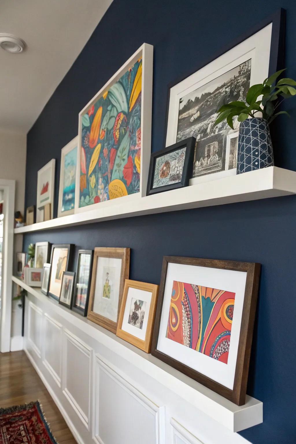 A bold accent wall makes artwork on a picture ledge stand out.