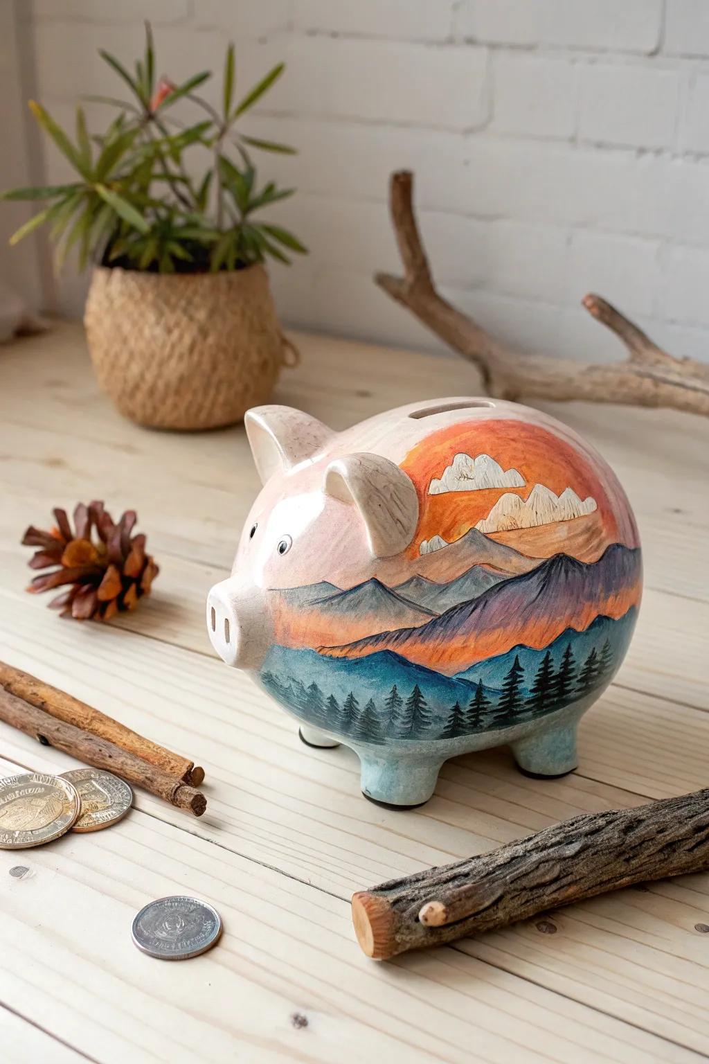 Transform your savings into a scenic escape with this hand-painted landscape piggy bank.