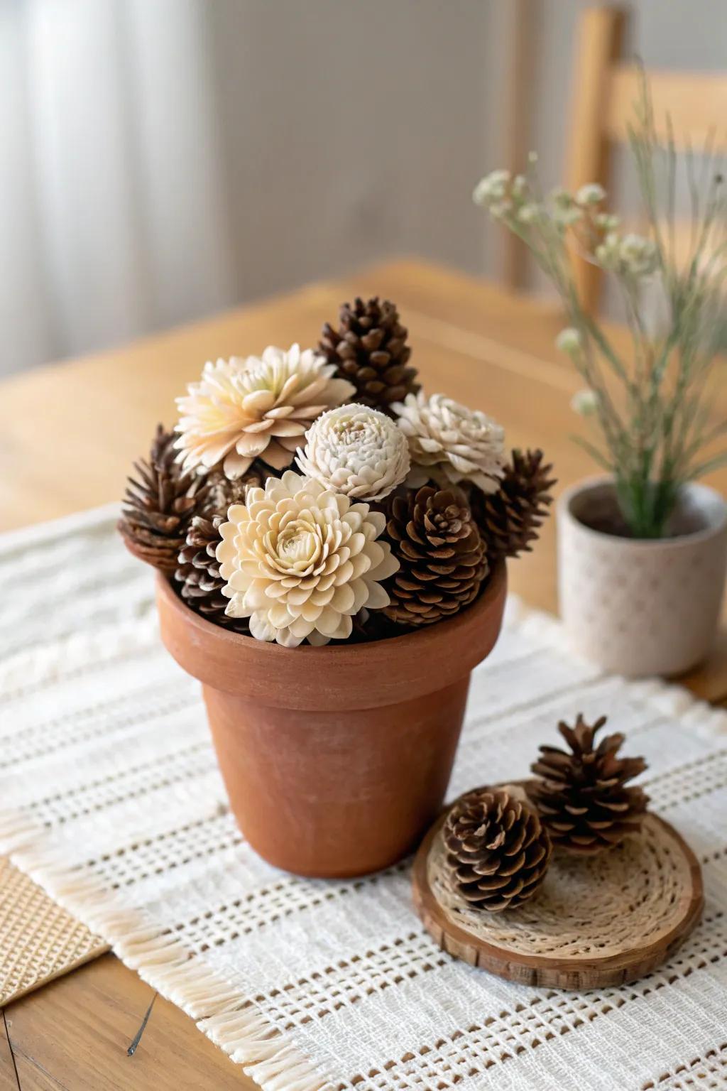 Embrace nature's artistry with these charming pinecone flower pots, perfect for adding a touch of elegance to your decor.