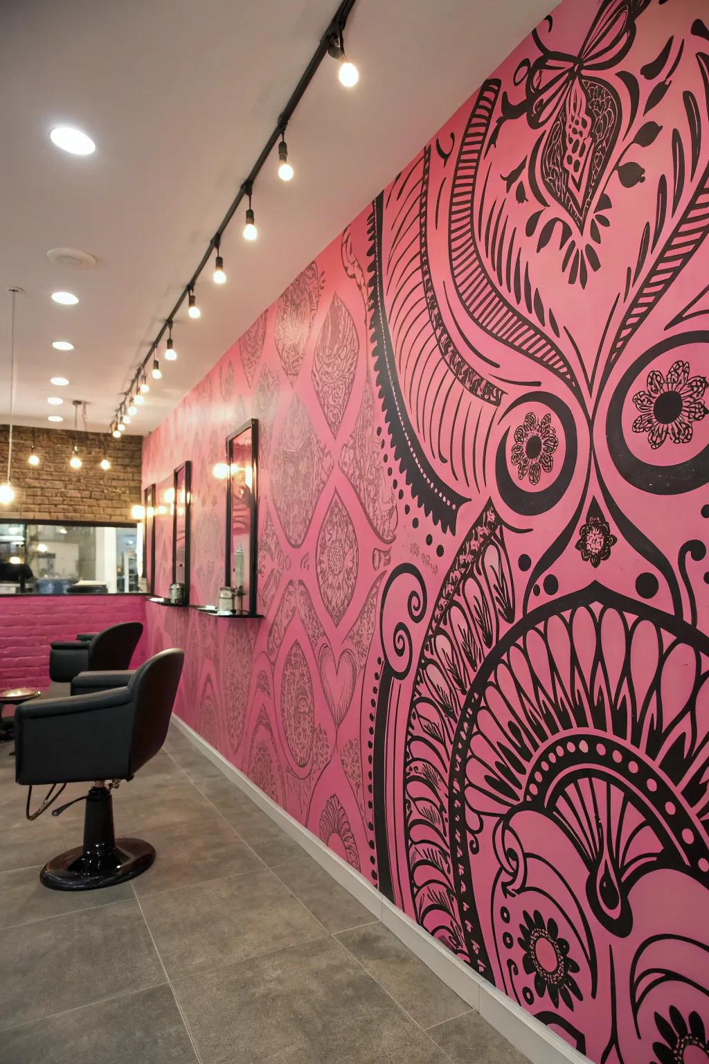 Artistic murals enhance the salon's visual appeal.