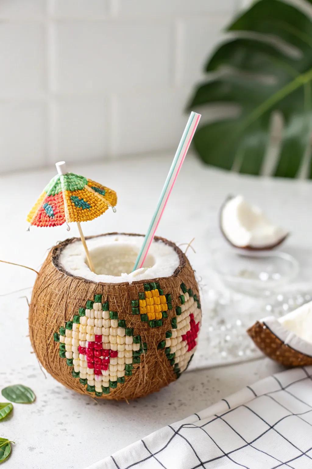 Add a splash of color and fun to your kitchen with this charming pixel art coconut drink!