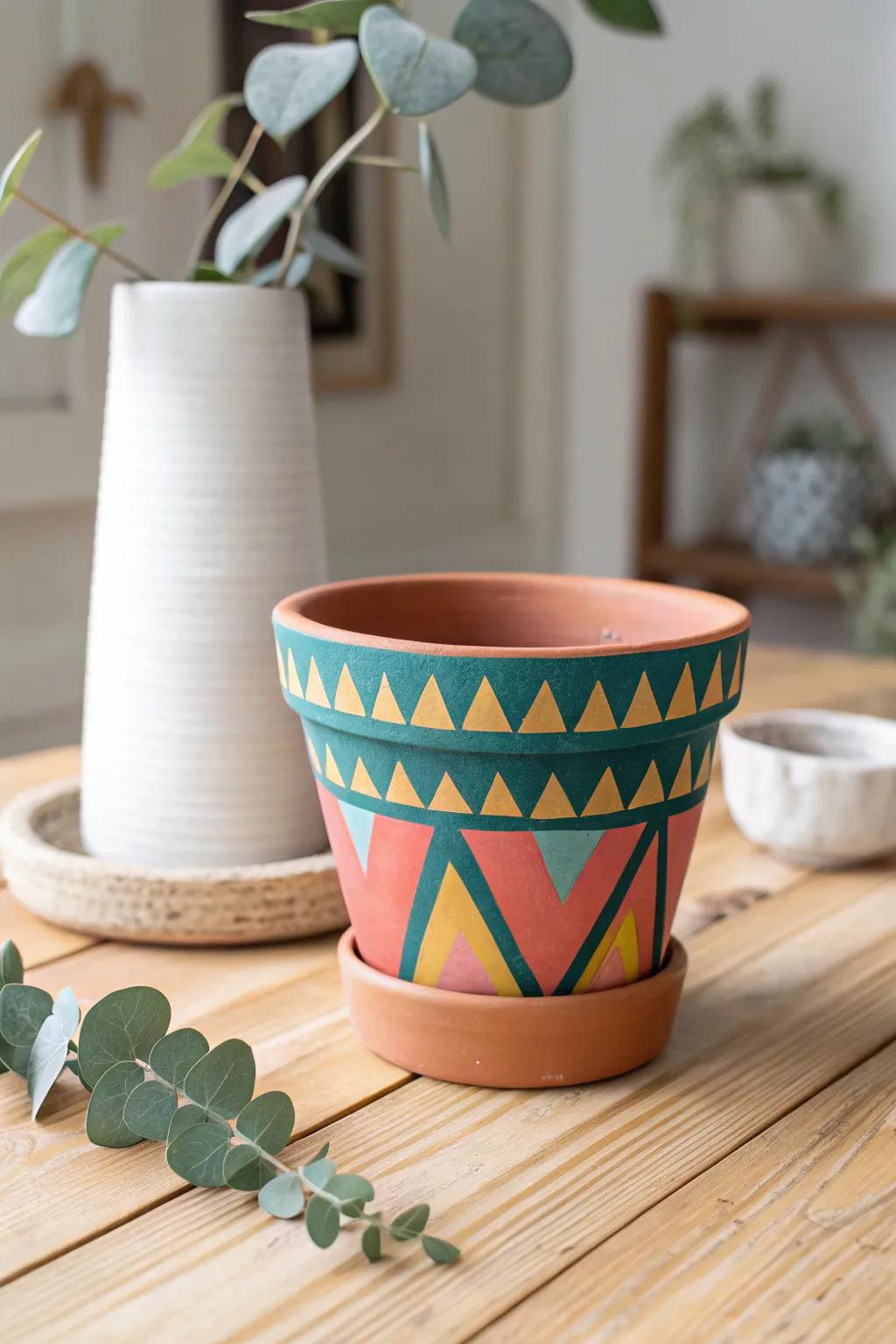 Transform your plant pots with simple geometric patterns for a chic, modern look.