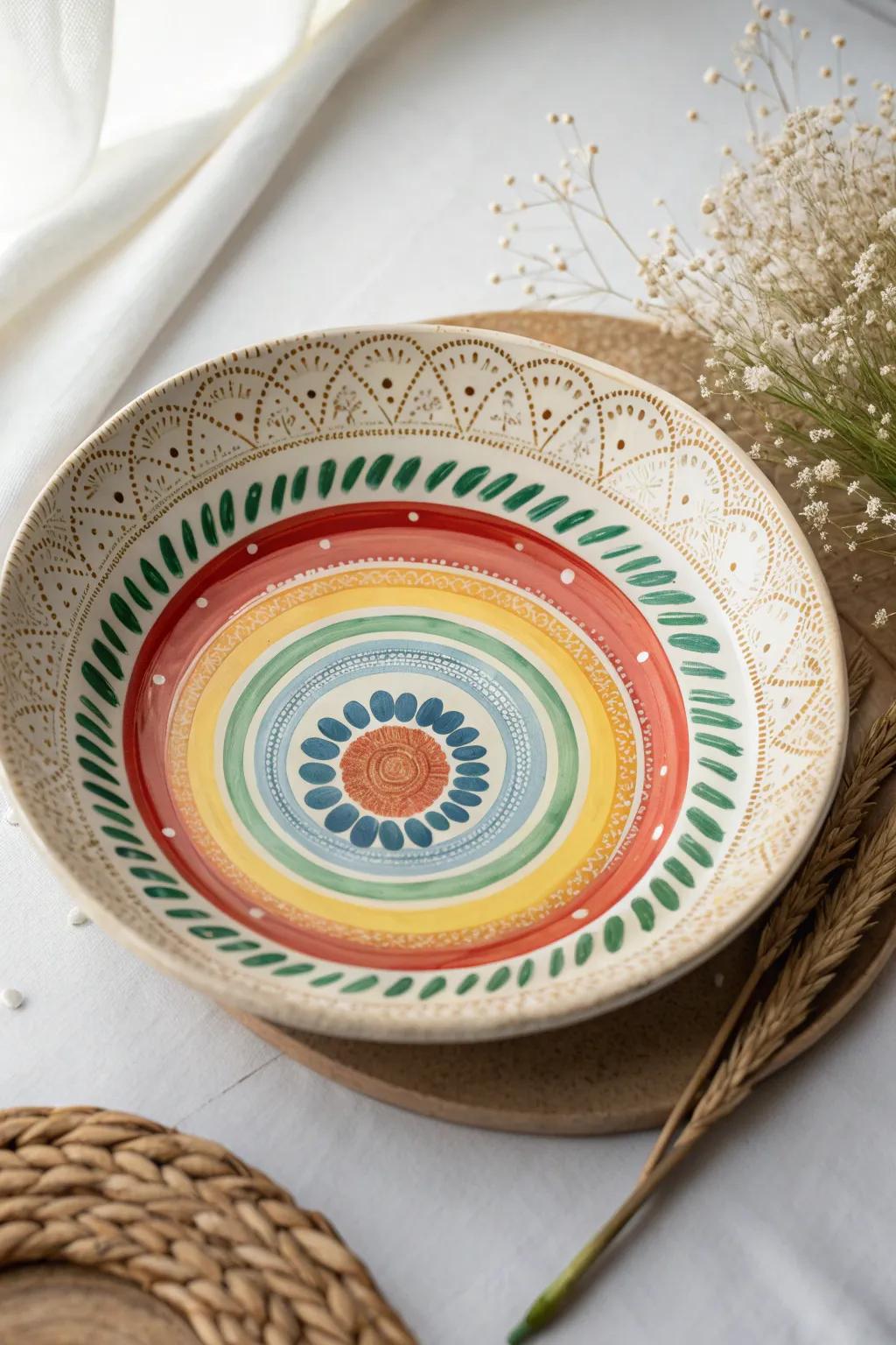 Add a splash of color with a handcrafted rainbow plate, where simplicity meets vibrant artistry.