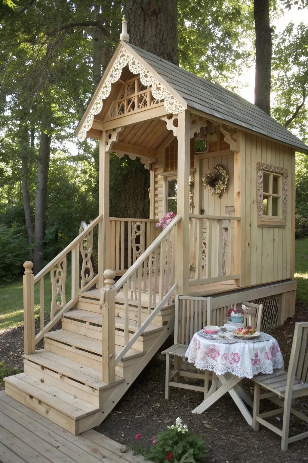 Step into a world of imagination on this enchanting miniature porch, where every tea party is a charming escape.