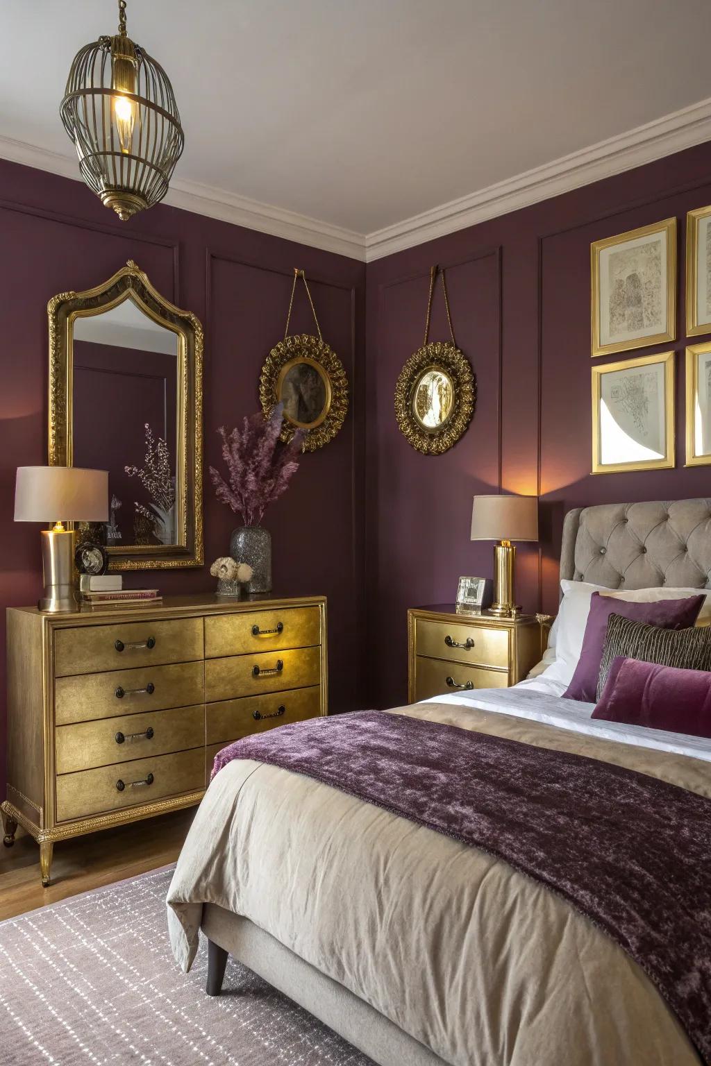 Gold accents add a luxurious touch to plum tones.