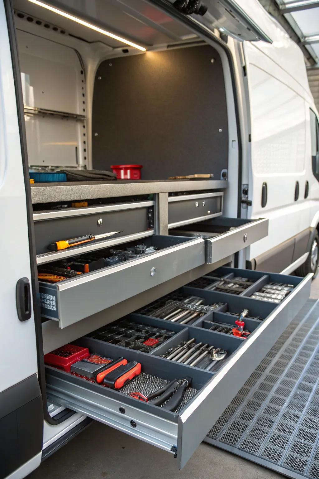 Streamline your workflow with these sleek sliding drawers – the perfect solution for an organized plumbing van.