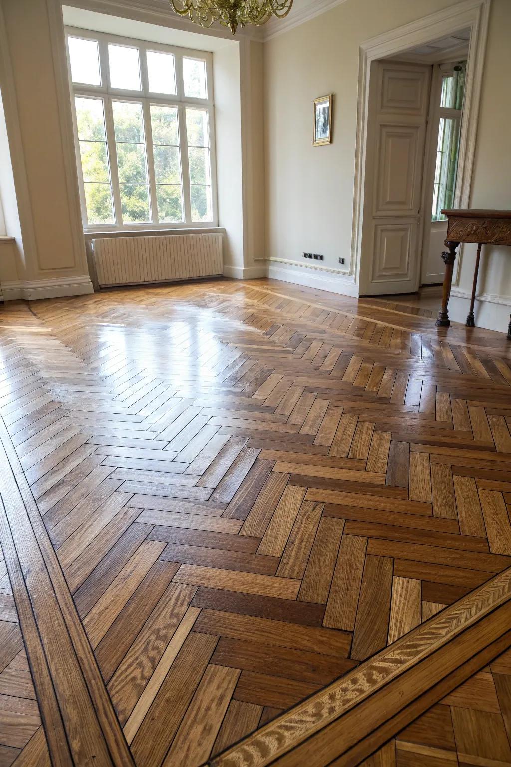 Elevate your space with the timeless elegance of herringbone plywood flooring.
