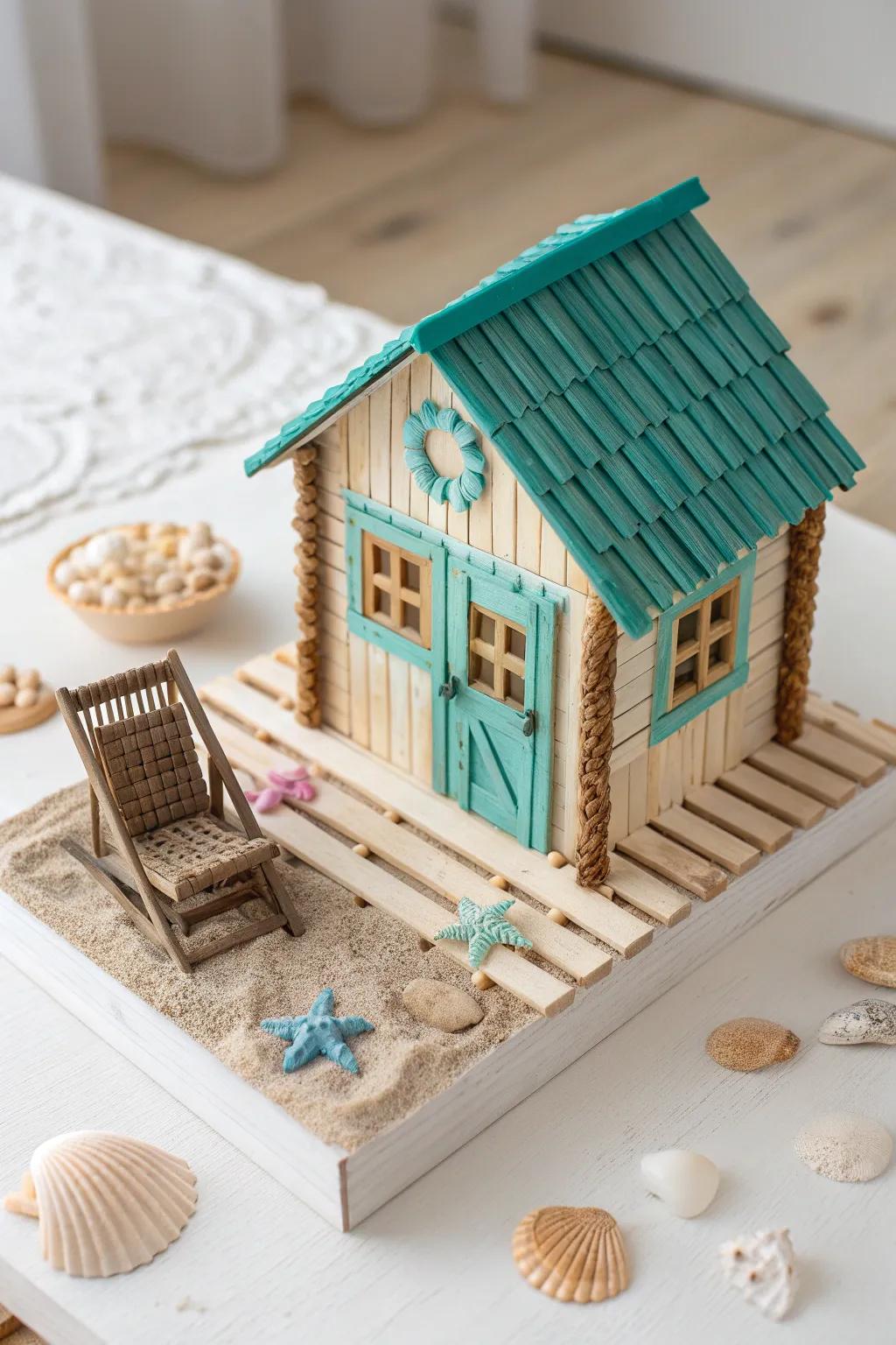 Craft your own seaside escape with this charming beach bungalow design, perfect for adding a touch of coastal whimsy to your decor.