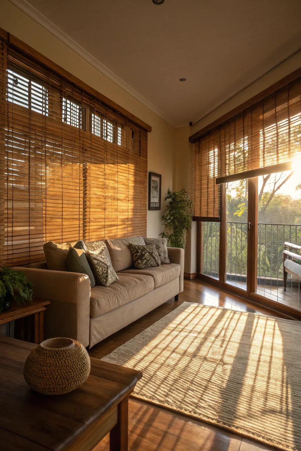 Bamboo blinds offer privacy and a natural aesthetic to any room.