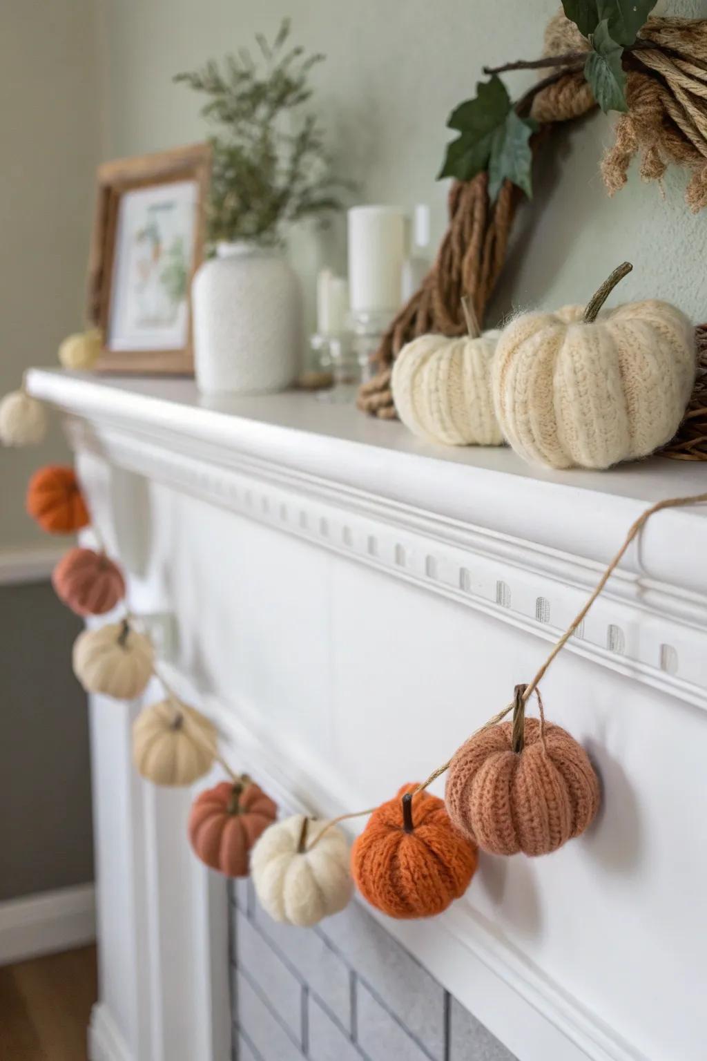 Embrace the cozy charm of autumn with this handcrafted yarn pumpkin garland, perfect for adding a touch of minimalist elegance to your home decor.