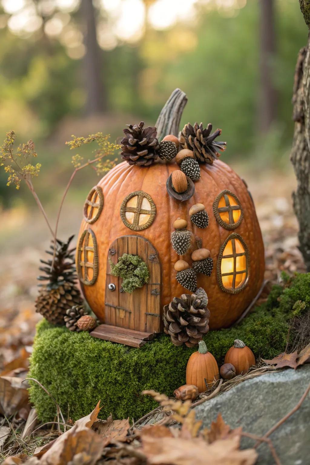Discover the magic of autumn with this enchanting pumpkin fairy house adorned with acorn and pinecone accents.