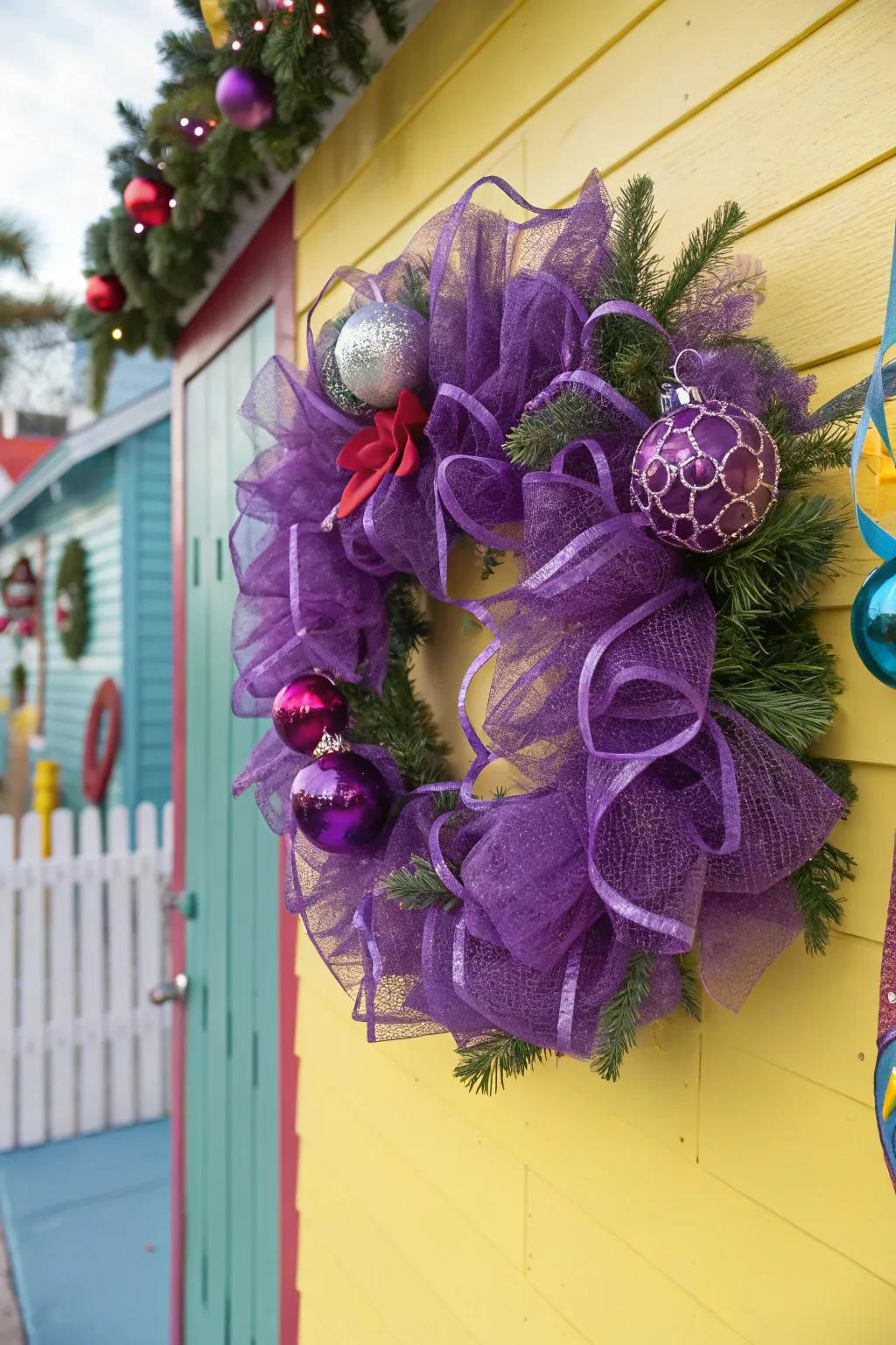 Purple mesh adds whimsy and texture to holiday decor.