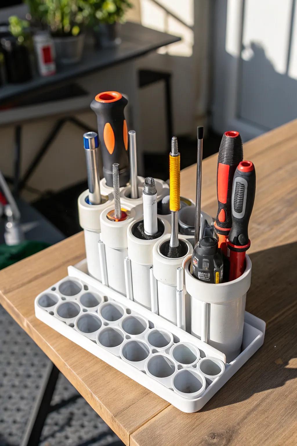 Efficiency meets style: Elevate your DIY game with this portable PVC tool organizer.