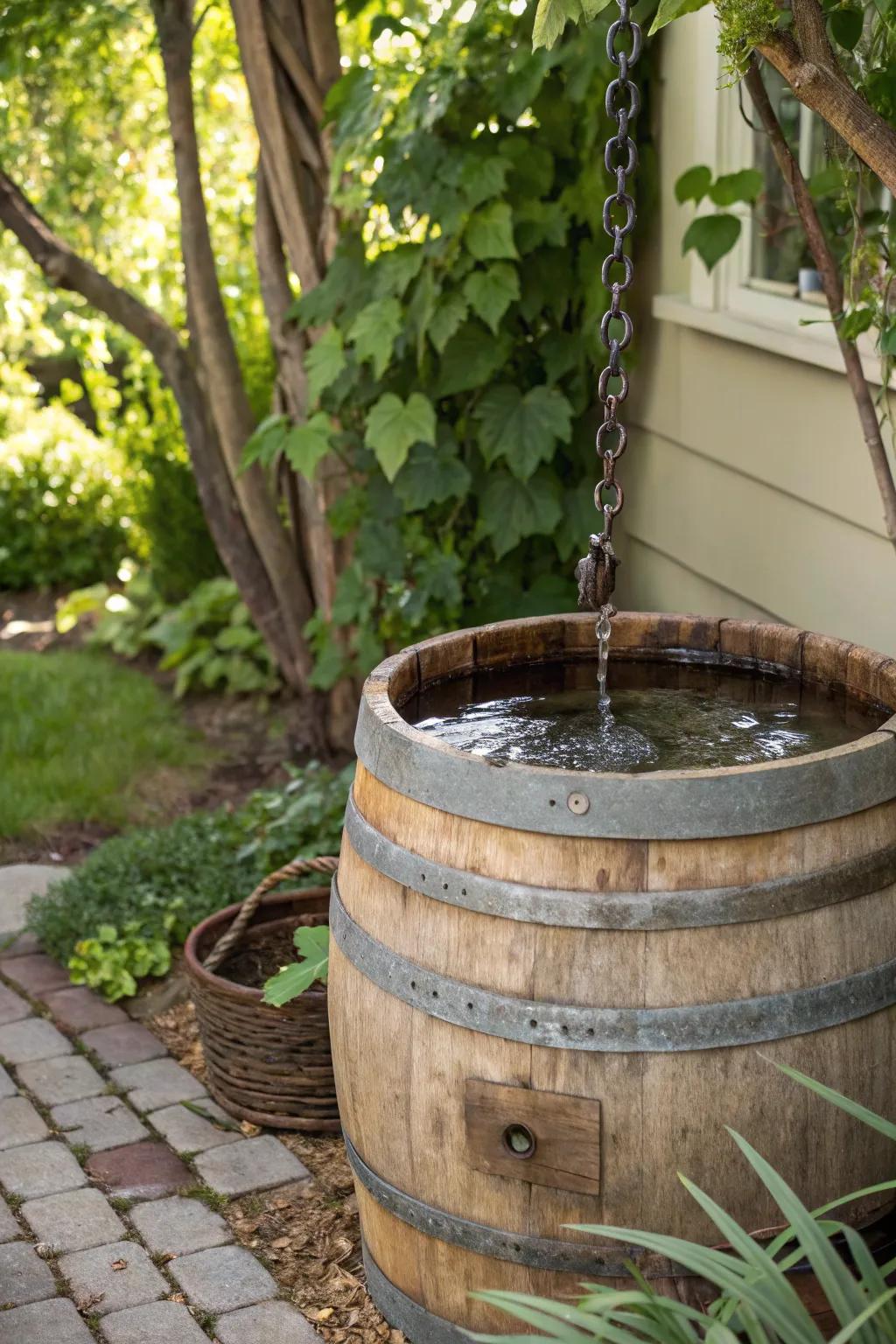 Embrace rustic elegance with a recycled wine barrel rain catcher, blending sustainability with timeless garden charm.
