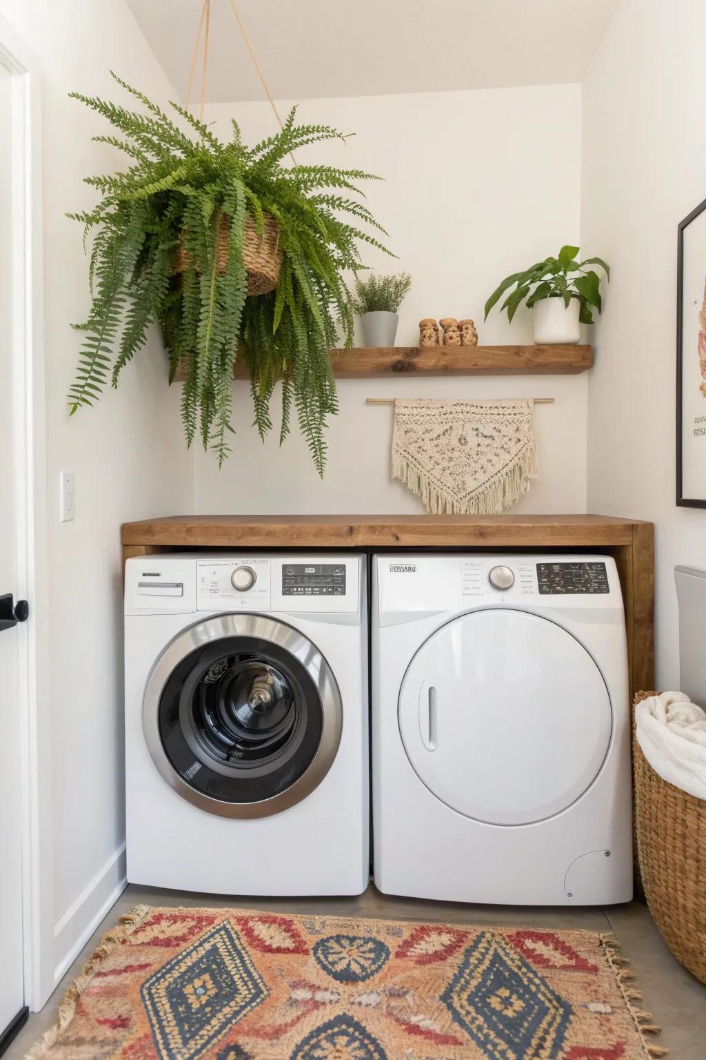 Transform your laundry space with a touch of nature and art, blending Scandinavian simplicity with bohemian flair.