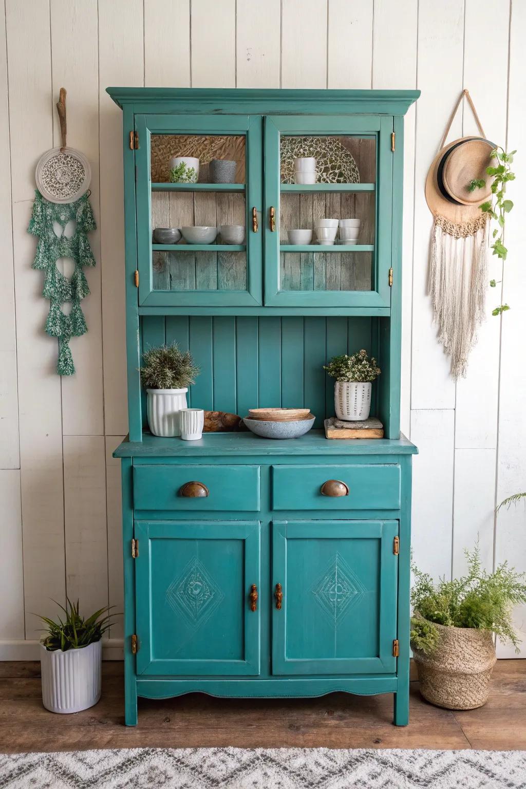 Transform your kitchen with a charming rustic hutch makeover—where functionality meets vibrant style.