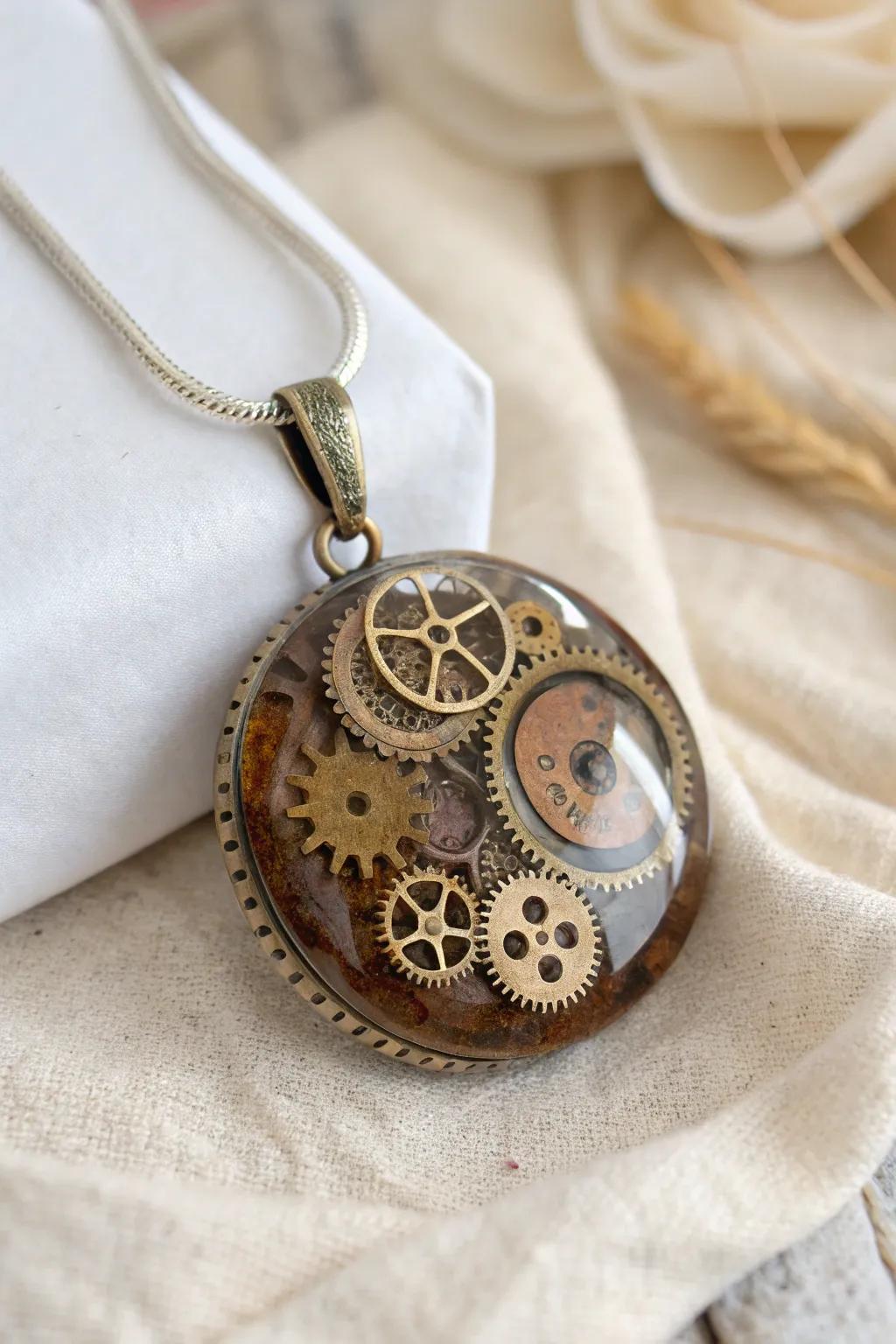 Wear a piece of history with this exquisite steampunk-inspired resin pendant.