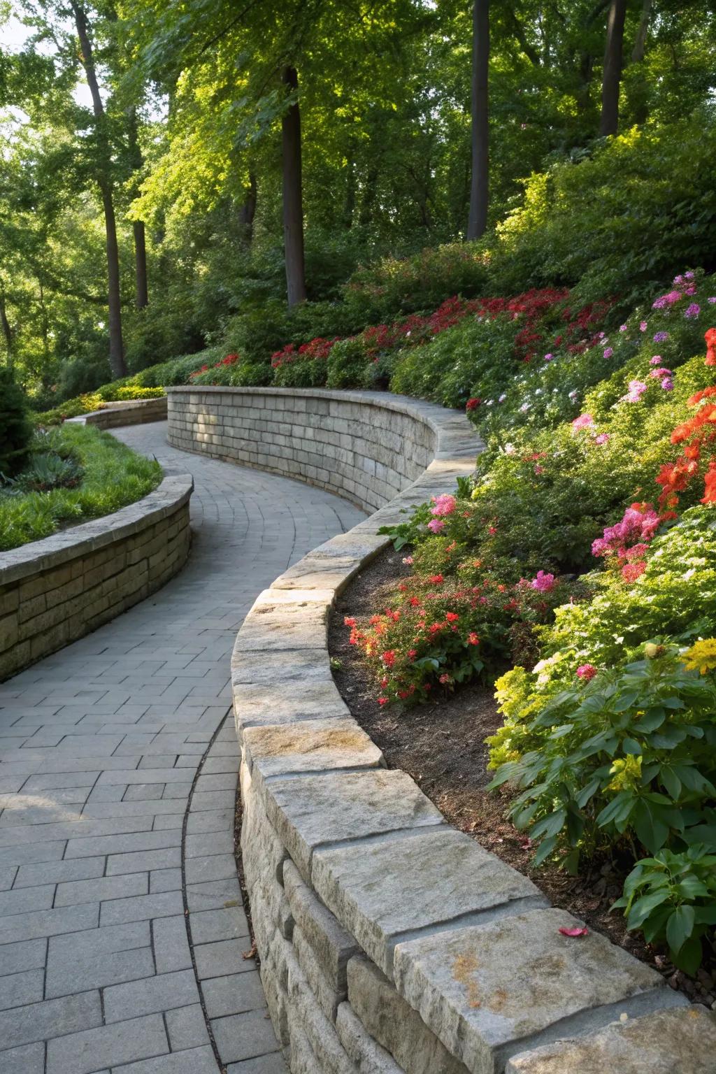 Embrace the allure of curves in your garden with a striking stone retaining wall.