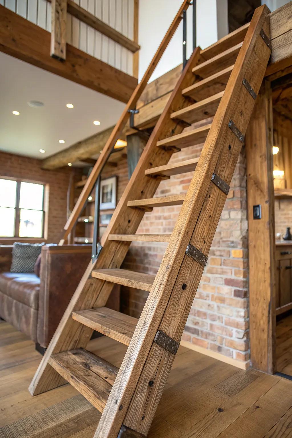 Elevate your space with rustic elegance: a stair-ladder hybrid crafted from reclaimed wood.