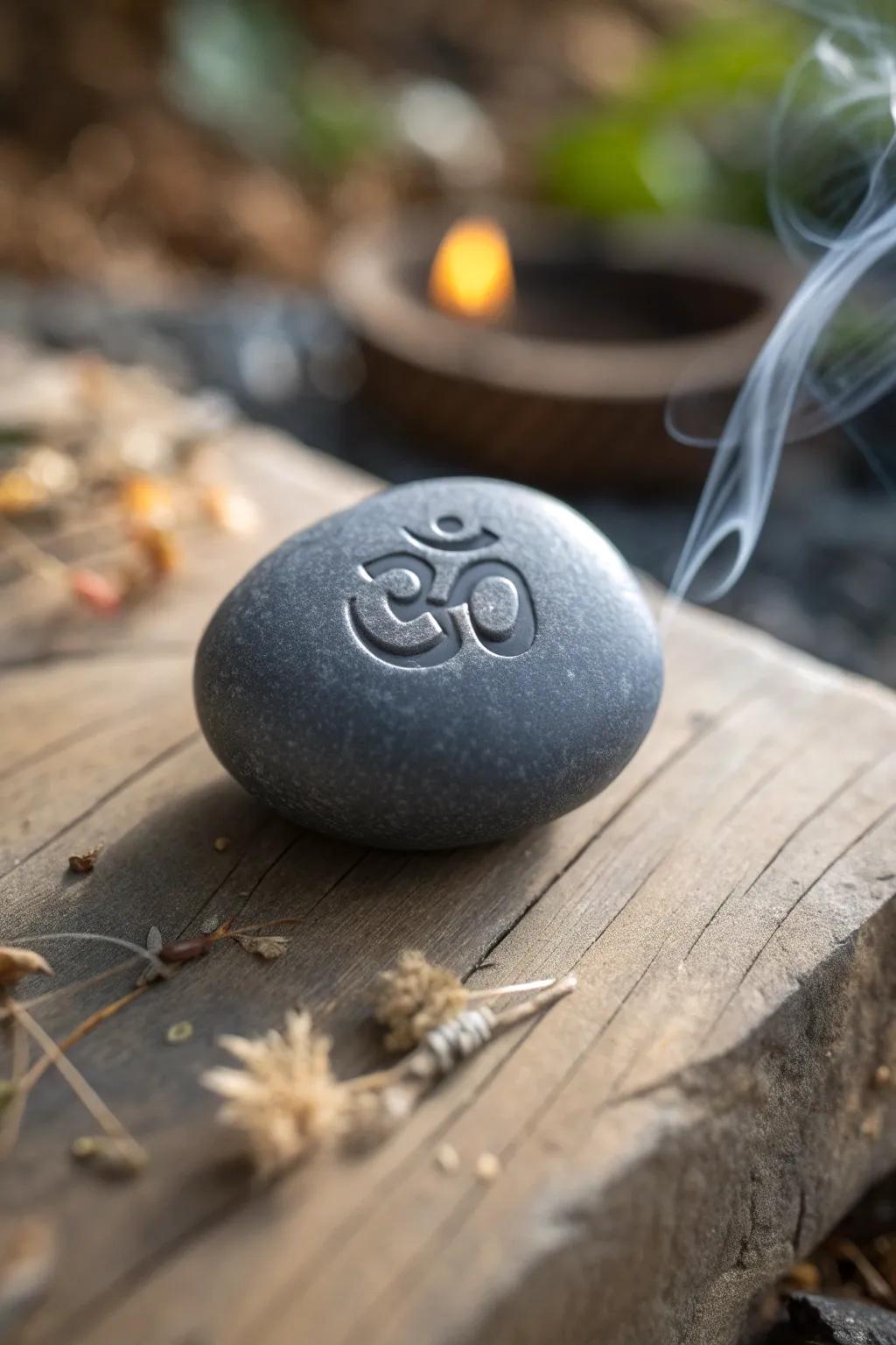 Channel tranquility with a beautifully carved Om stone, perfect for your meditation space.