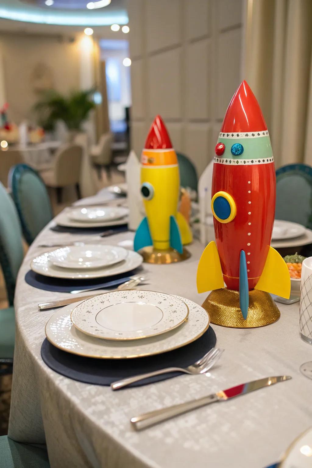 Enhance your table with playful rocket figurines.
