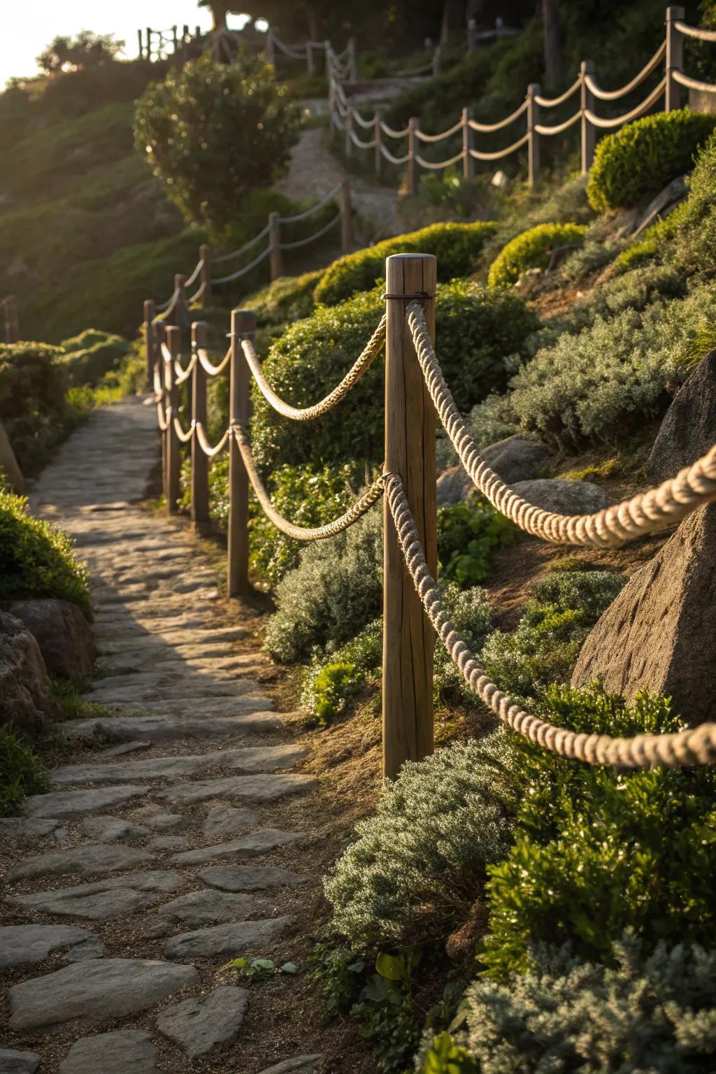 Master the art of terrain with an adaptable rope fence that combines safety and style in sloped gardens.