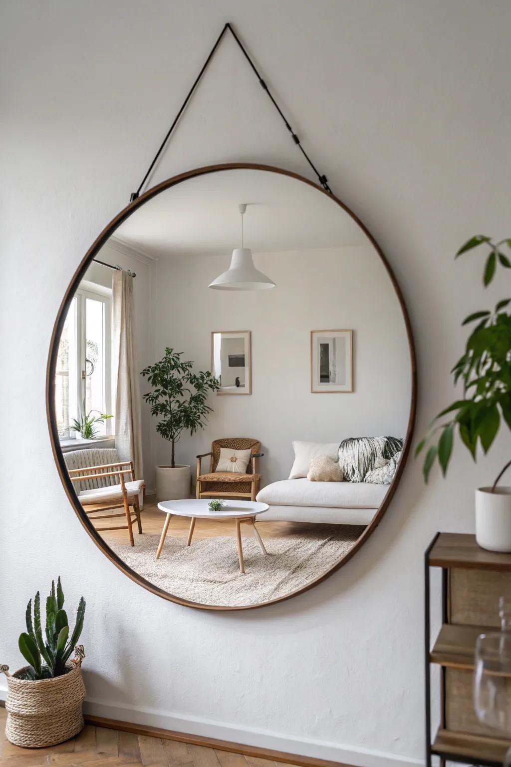 Frameless round mirror in a minimalist living room setting.