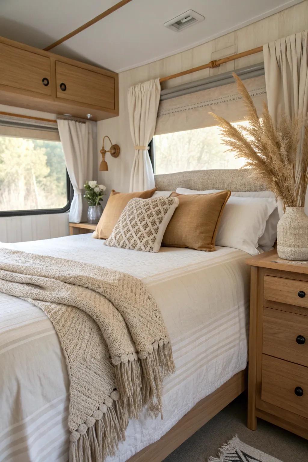 Create serenity in your RV bedroom with soft, earthy tones and simple, handcrafted elements.