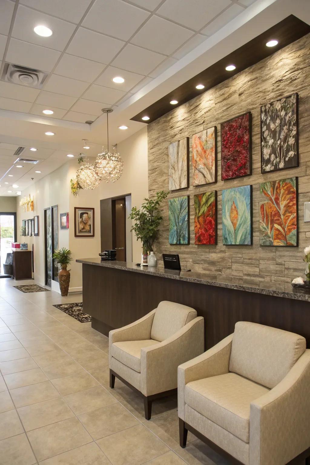 A salon reception area enhanced by artistic wall decor, adding personality to the space.