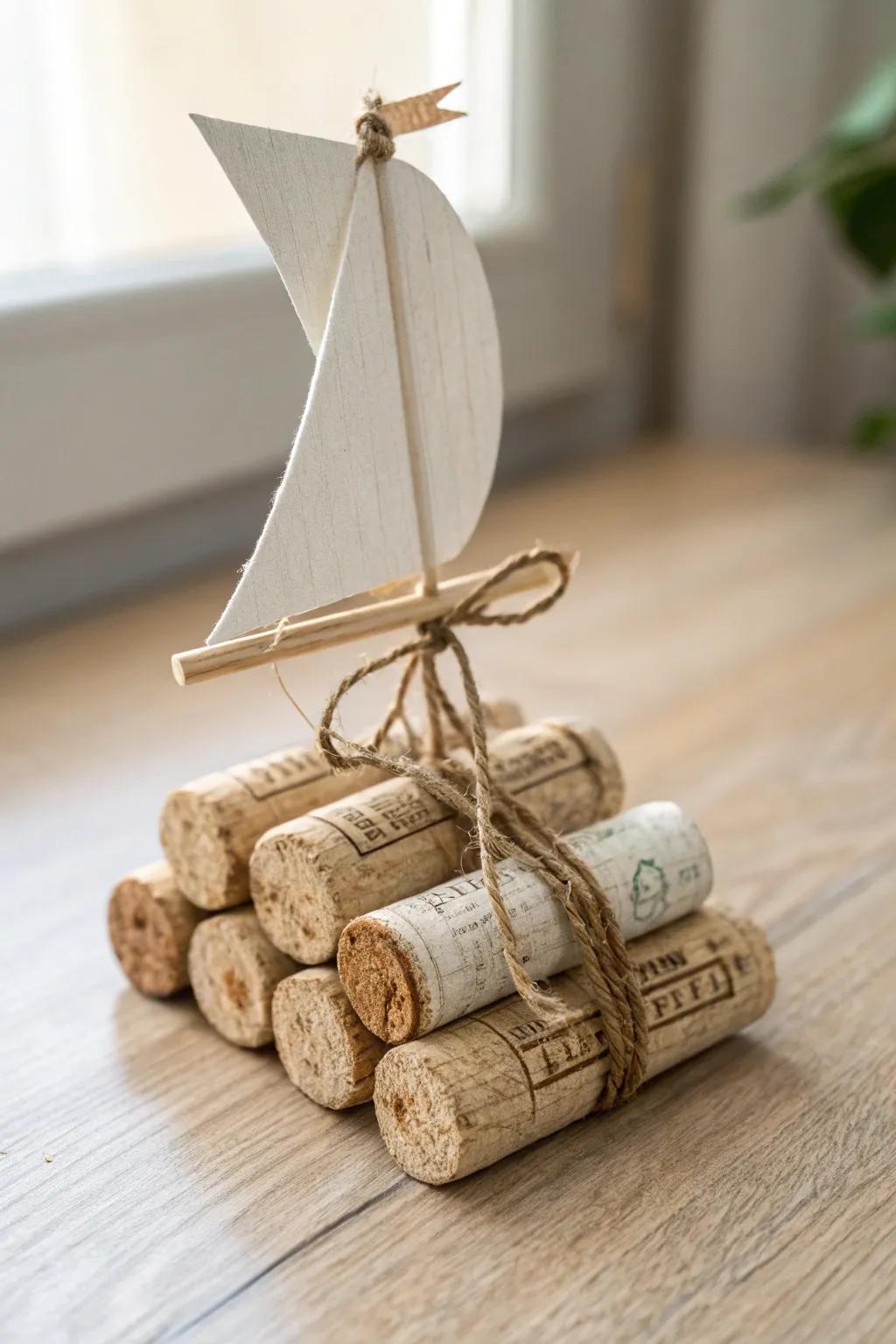 Embrace the art of simplicity with this charming cork raft, a perfect blend of creativity and natural beauty.