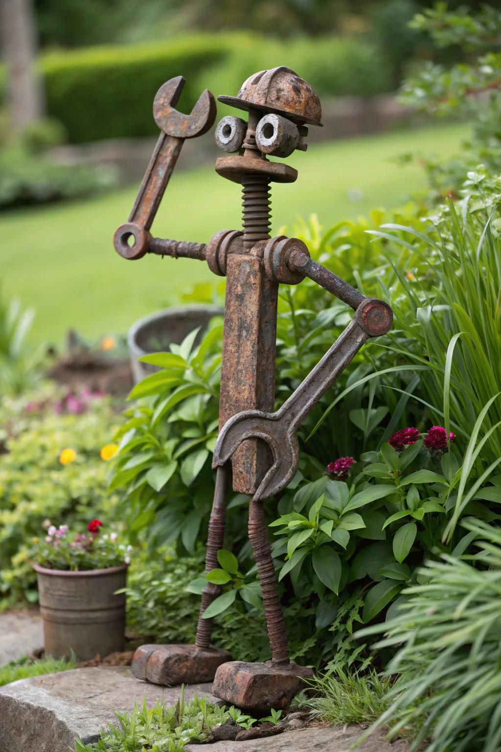 Bring laughter to your garden with this charming scrap metal figure, combining creativity and humor.