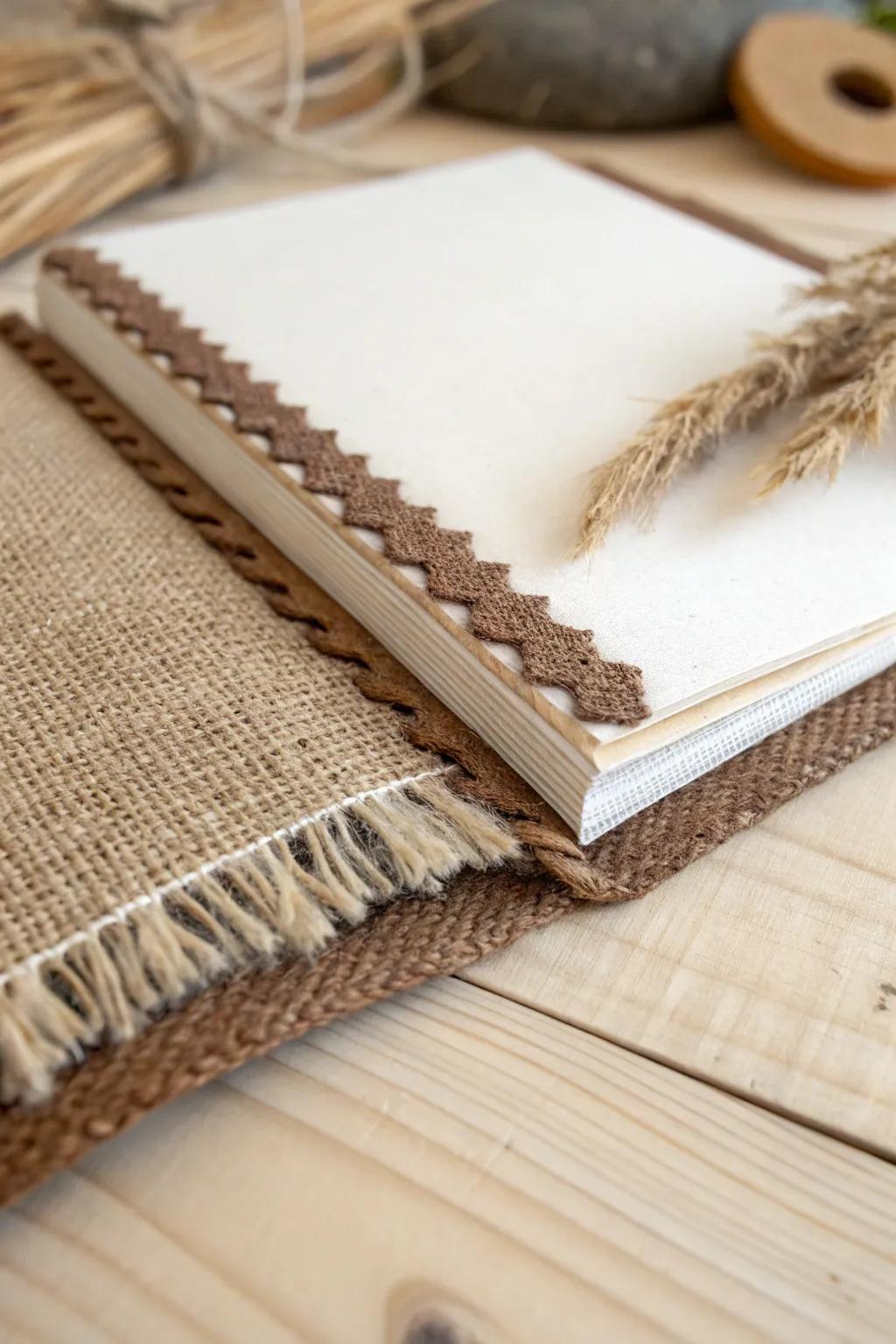 Elevate your scrapbook with tactile, cozy borders using burlap and felt for a touch of natural beauty.
