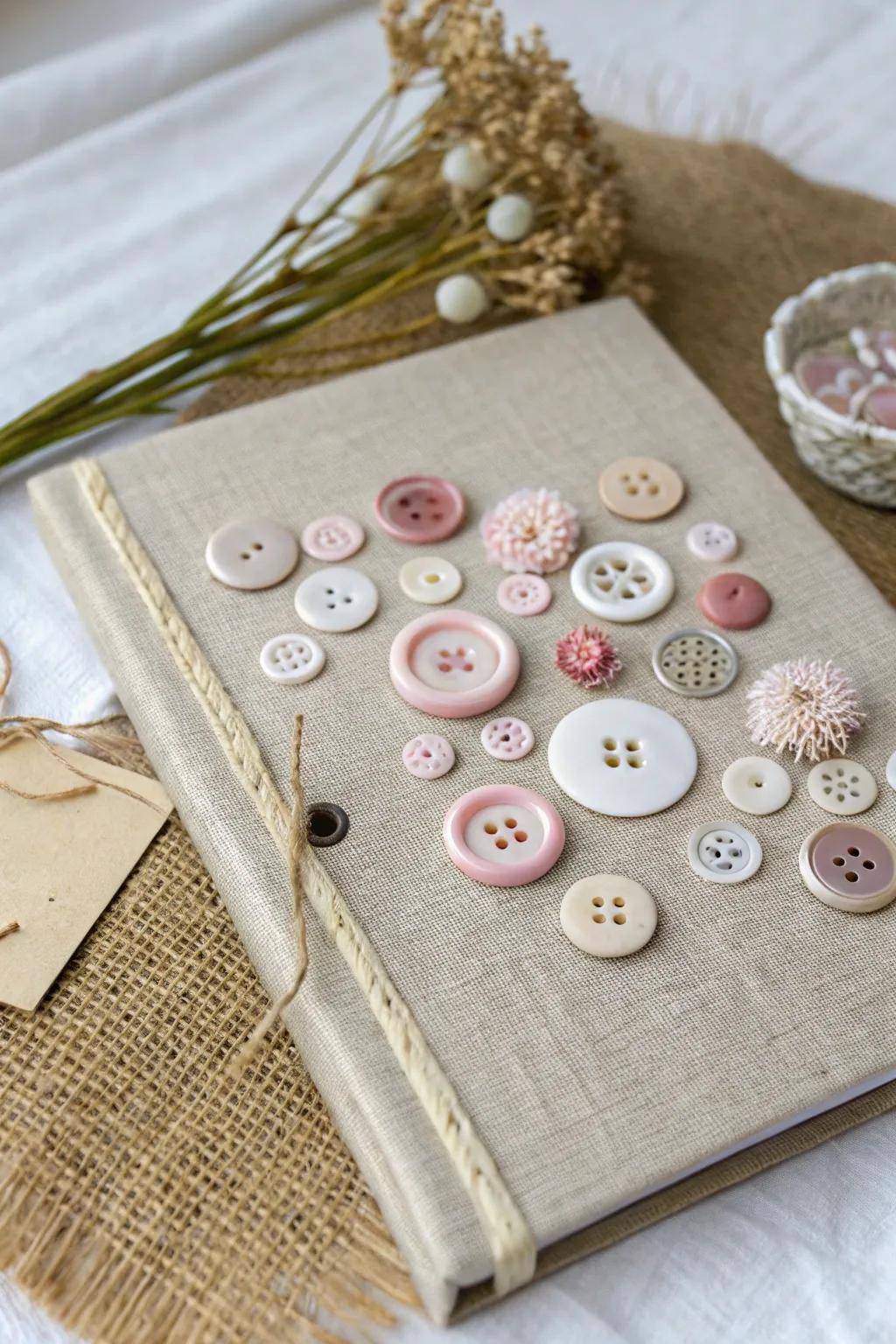 Elevate your scrapbook with vintage button embellishments for a touch of playful elegance.
