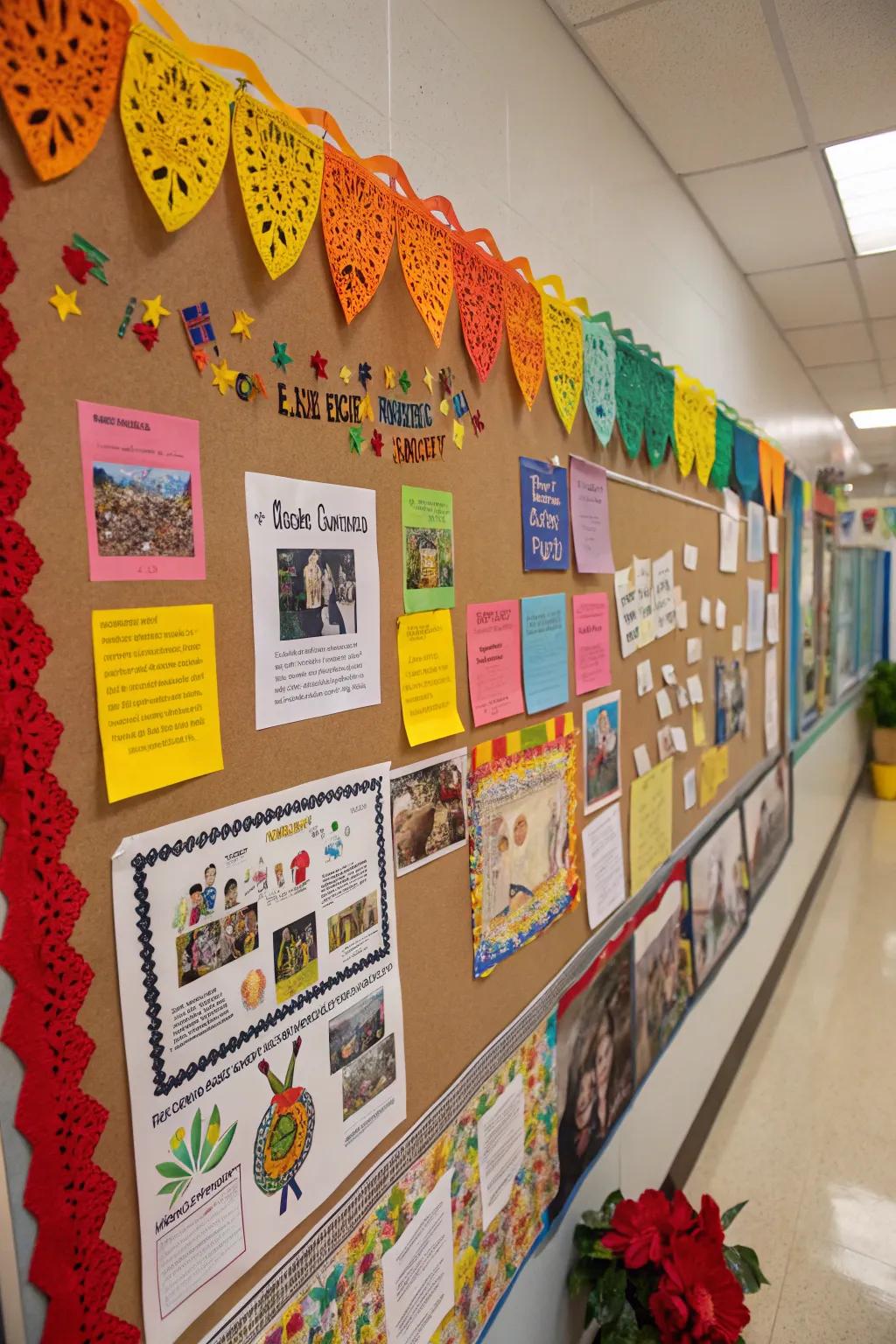 A bulletin board celebrating Hispanic Heritage Month with cultural stories and decorations.