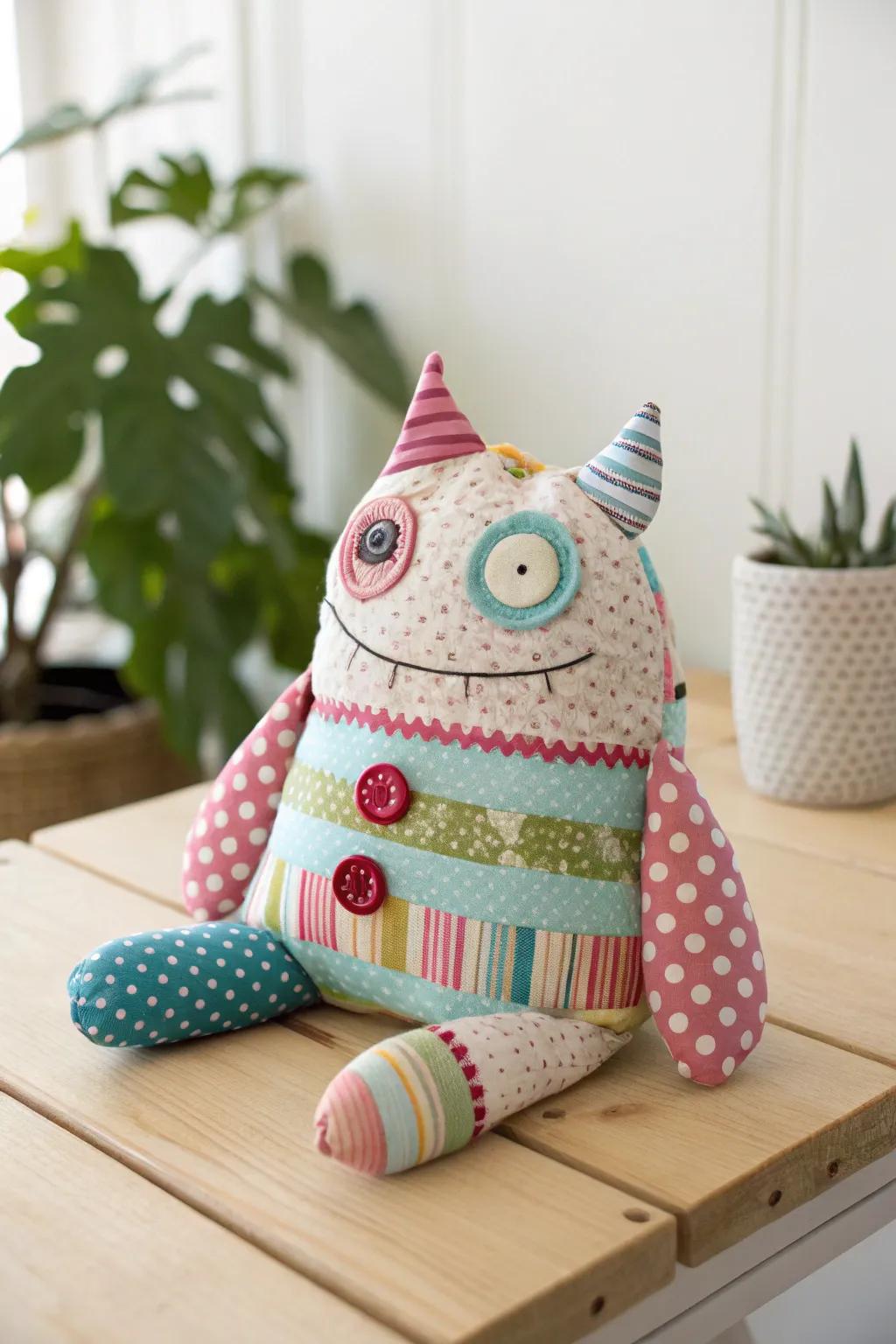 Meet your new whimsical friend: a scrap fabric monster that embodies creativity and fun!