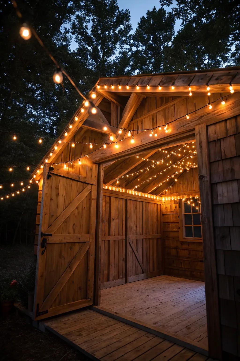 Transform your shed into a cozy man cave with the inviting glow of string lights.