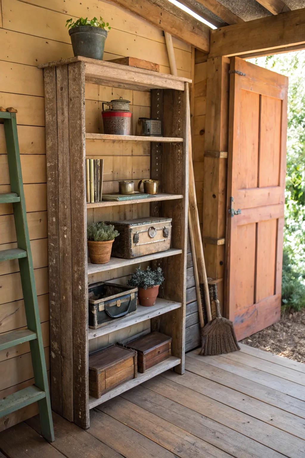 Transform your shed with a touch of vintage charm—repurpose old bookshelves for stylish storage solutions.