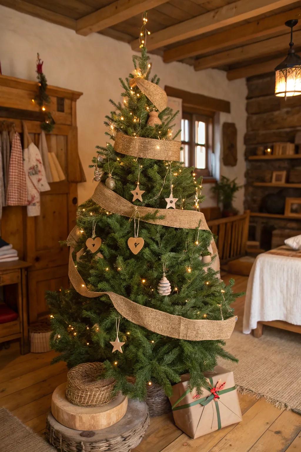 Burlap ribbons and wood elements infuse rustic charm into your Christmas decor.