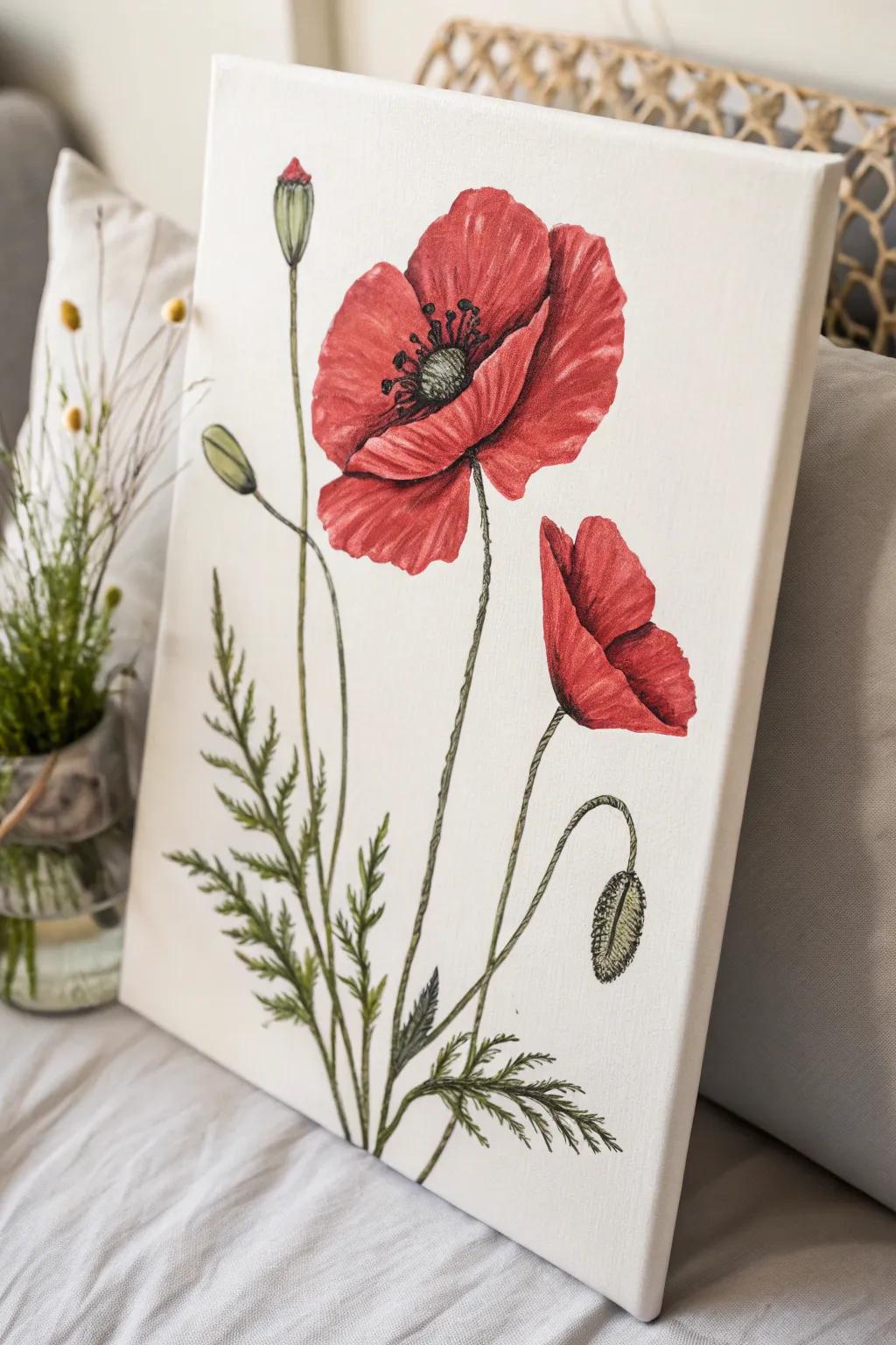 Embrace the elegance of simplicity with a striking poppy painting, where vibrant hues meet delicate details.