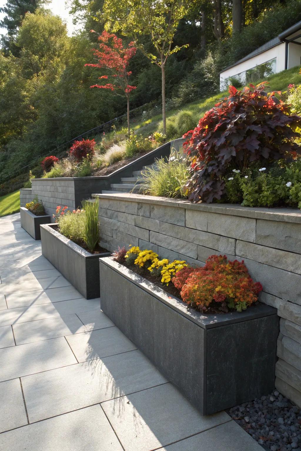Transform your sloped backyard with stylish built-in planters that seamlessly blend nature and design.